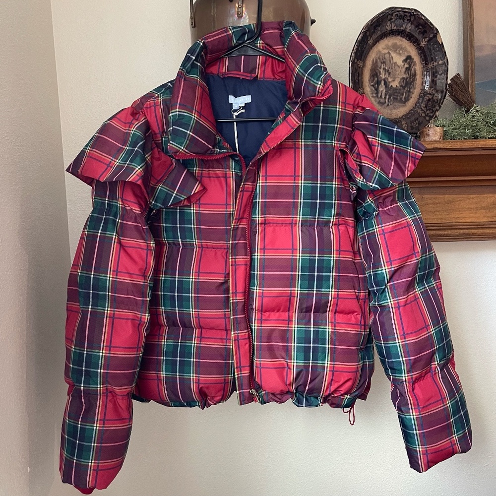 The Violet Ruffle Sleeve Puffer Jacket - Red Tartan